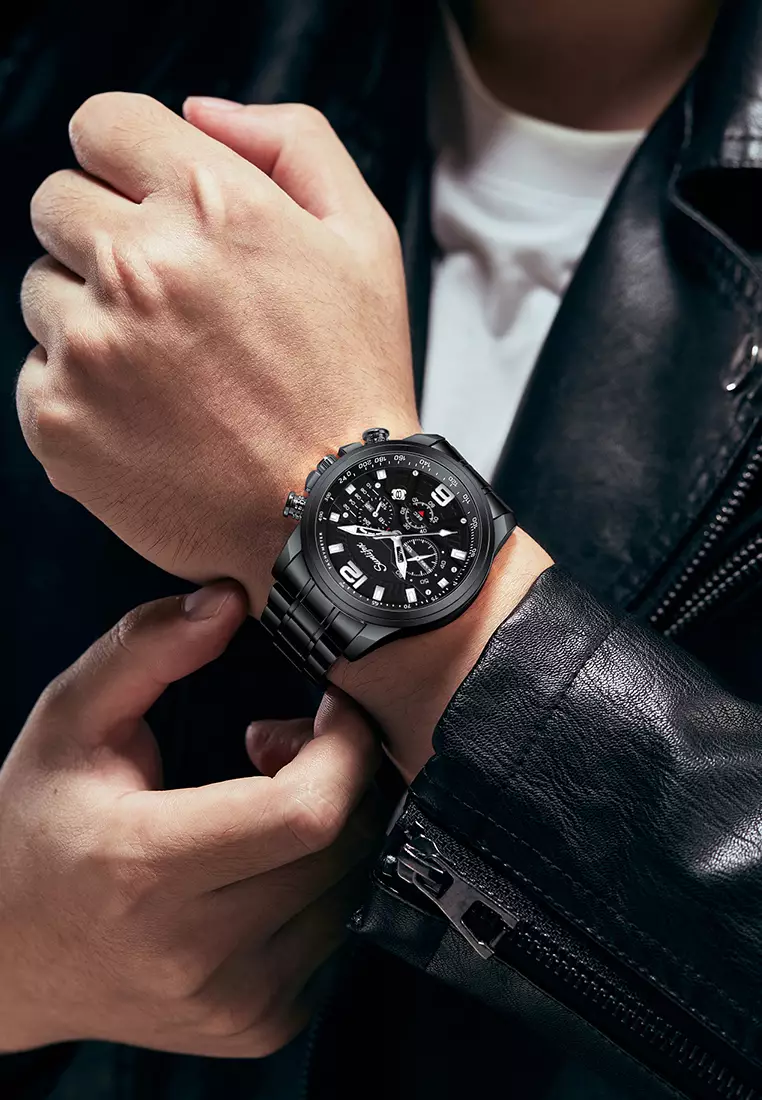 Jam Tangan Pria 9033 Kalender Kasual Kemewahan Tali Stainless Steel Anti Air Jam Tangan Cowok allblack