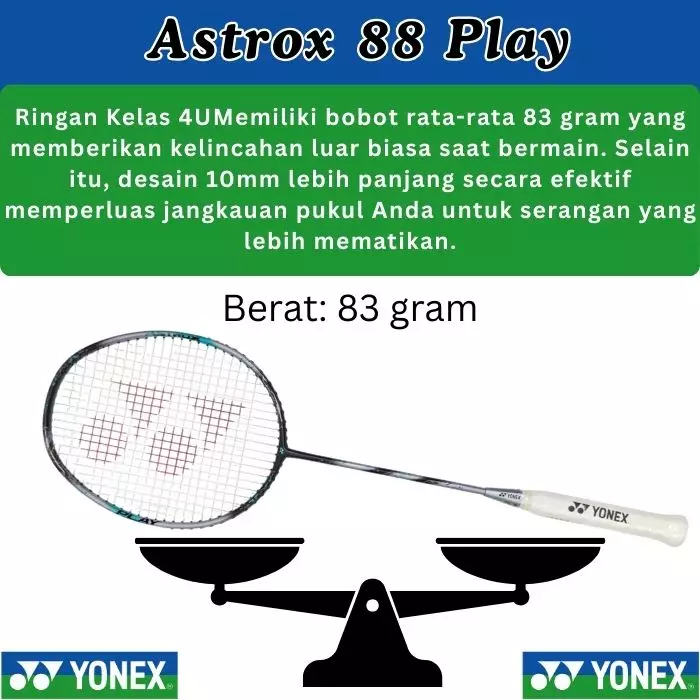 Raket Badminton Yonex Astrox 88 Play GRATIS Senar dan Tas Yonex Original