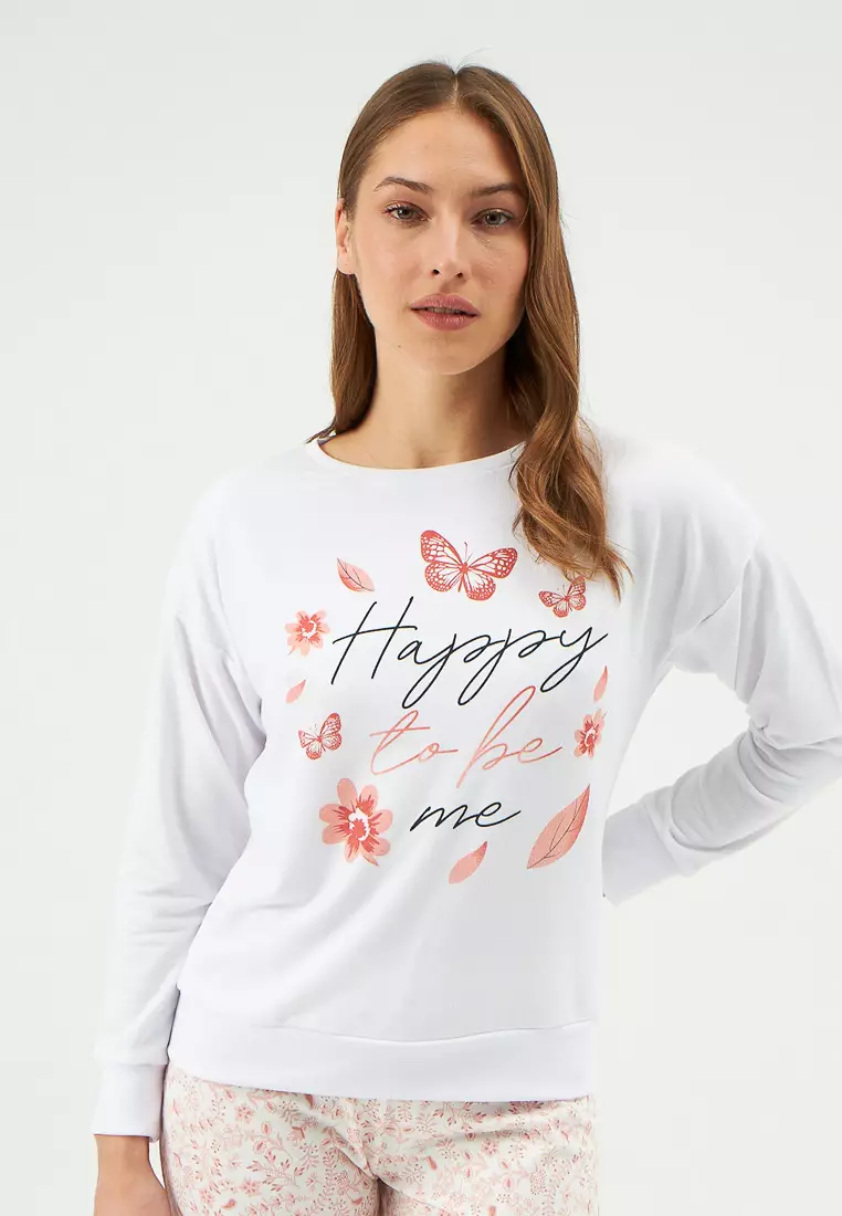 Buy DAGİ Ecru Pyjama Top, Floral, Crew Neck, Regular Fit, Homewear