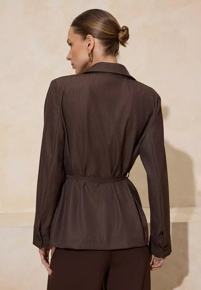 Dark Brown Striped Woven Slim D Drapey Blazer Shirt Jacket Twoss26Bc5
