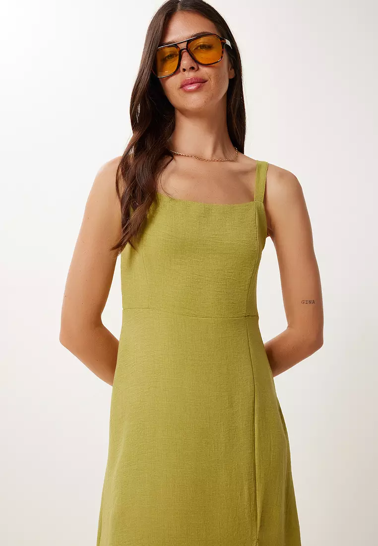 Women's Oil Green Strap Linen Blend Summer Woven Dress Zh00053