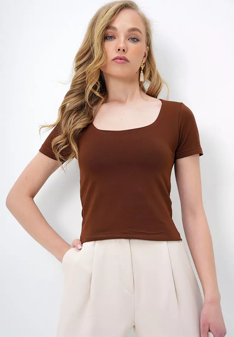 Women's Bitter Brown Square Neck Lycra Jumpsuit Double Fabric Crop Blouse Alc-X13903