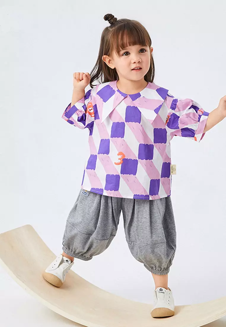 女大小童短袖衬衫复古印花大方领上衣