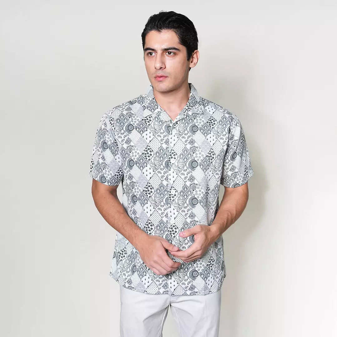 Casella Kemeja Lengan Pendek Kerah Terbuka | Cuban Camp Bowling Collar Xantif Edition 2360 White Green