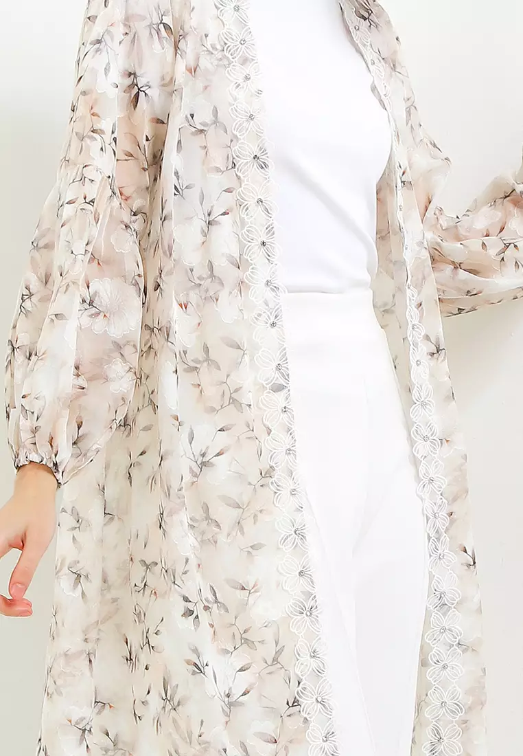 Lantern Sleeve Diamond Detail Lace Trimmed Flo Print Jacq Outer