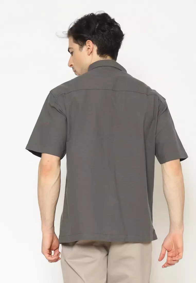 POLICE Kemeja Polos Relaxfit Cotton Slub Abu Pria