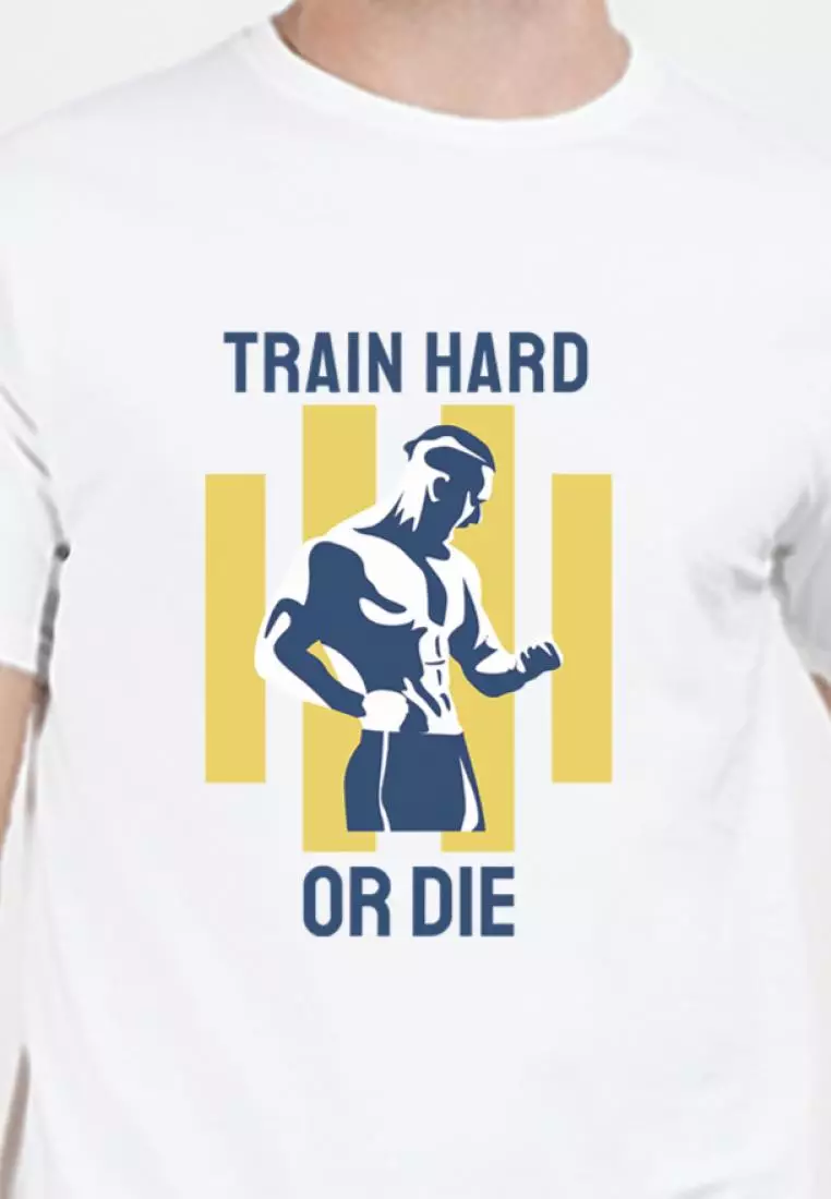 Train Hard Graphic White Cotton Blend Short Sleeve Workout/Training Tee