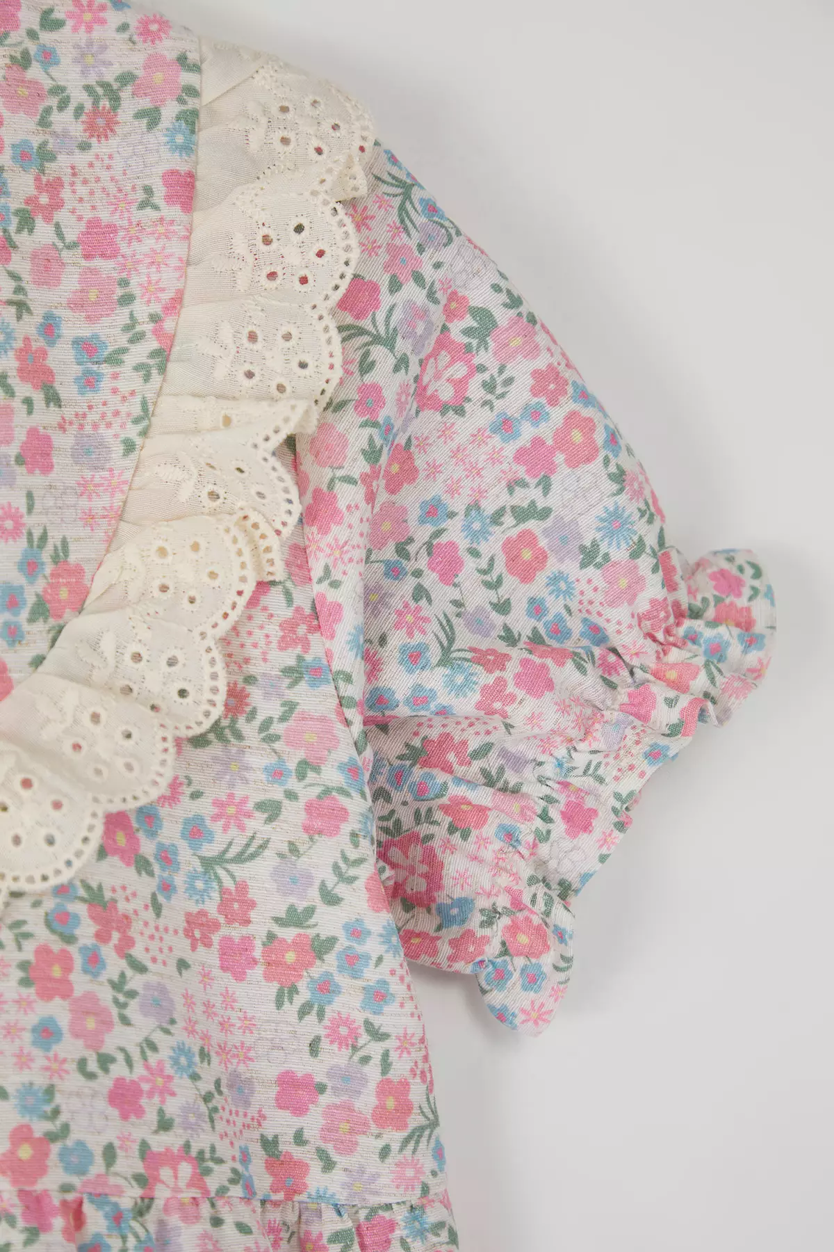 Multicolored Girl's Cotton Floral Brode Short Sleeve Mini Eid Woven Dress Tkdss25El00024