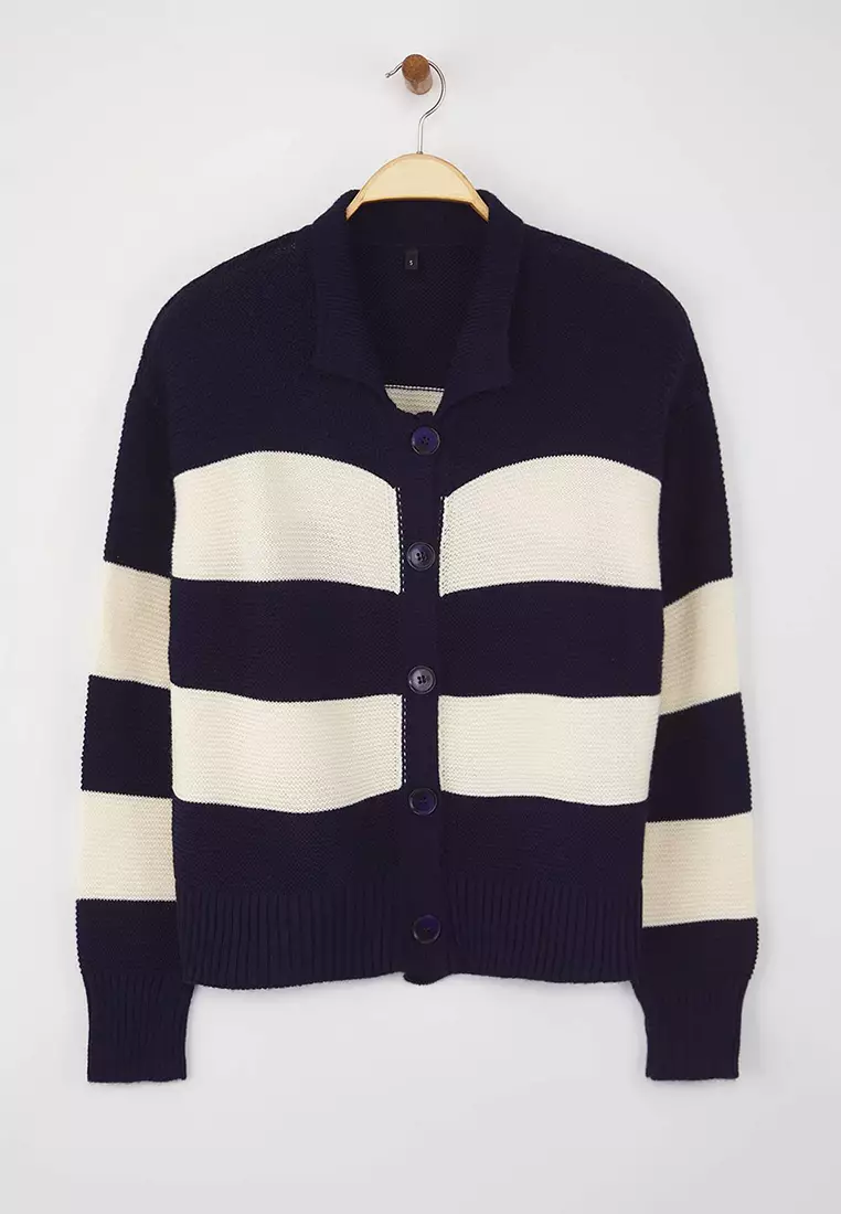 Teen Navy Blue Striped Polo Neck Knit Cardigan