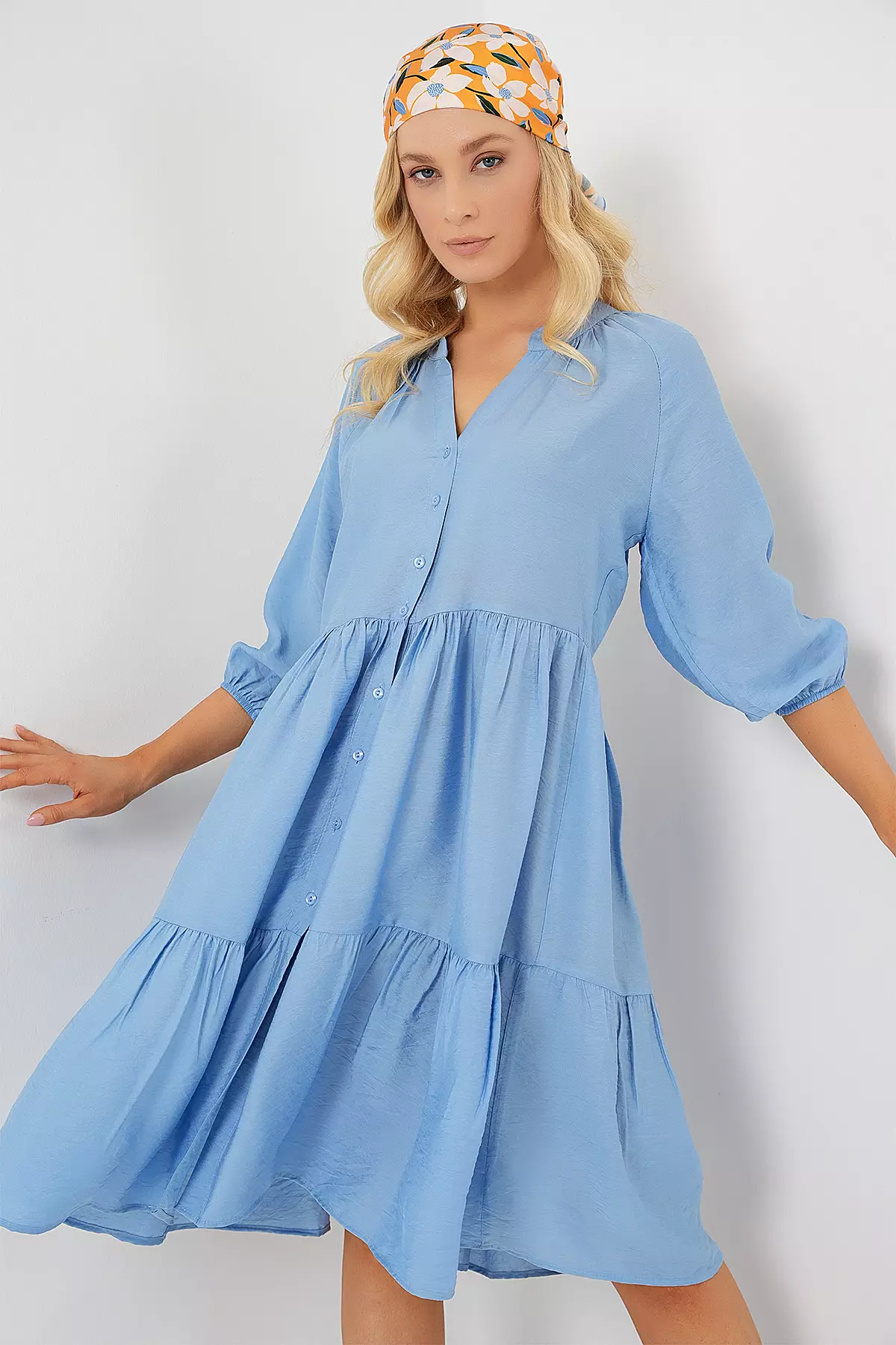 Buttoned Balloon Sleeve Dress
