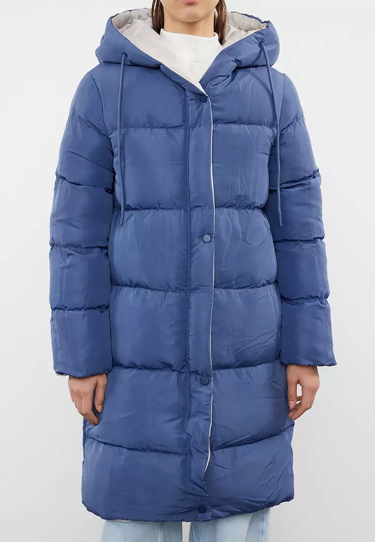 Grey-Blue Reversible Hooded Water Repellent Long Puffer Jacket TWOAW23MO00052