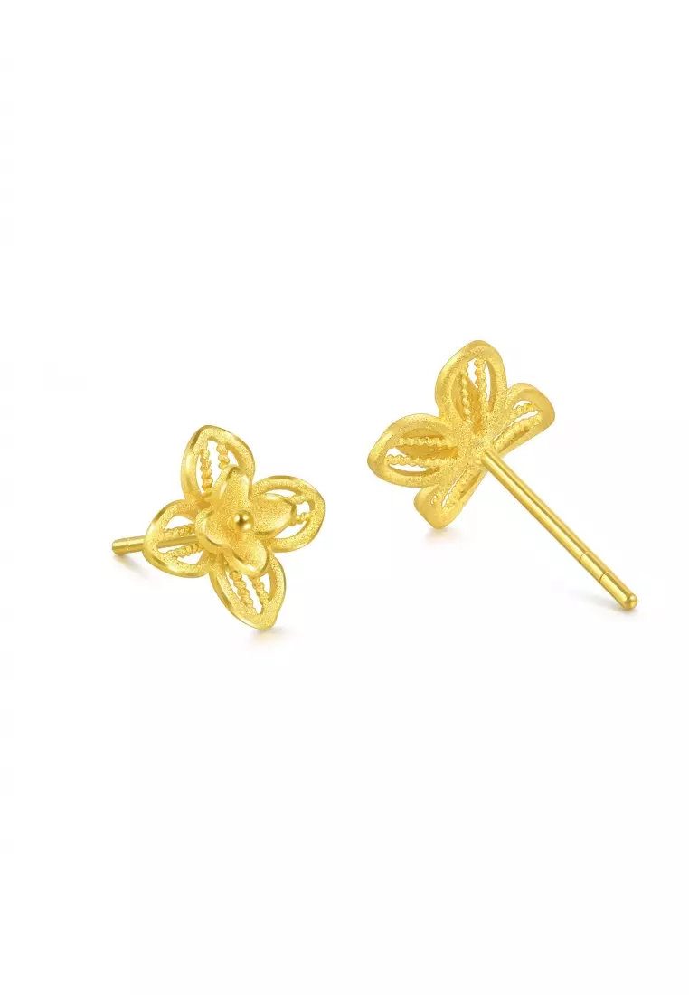 999.9 24K Solid Gold Chinese Wedding Lilac Blossom Stud Earrings for Women 95304E