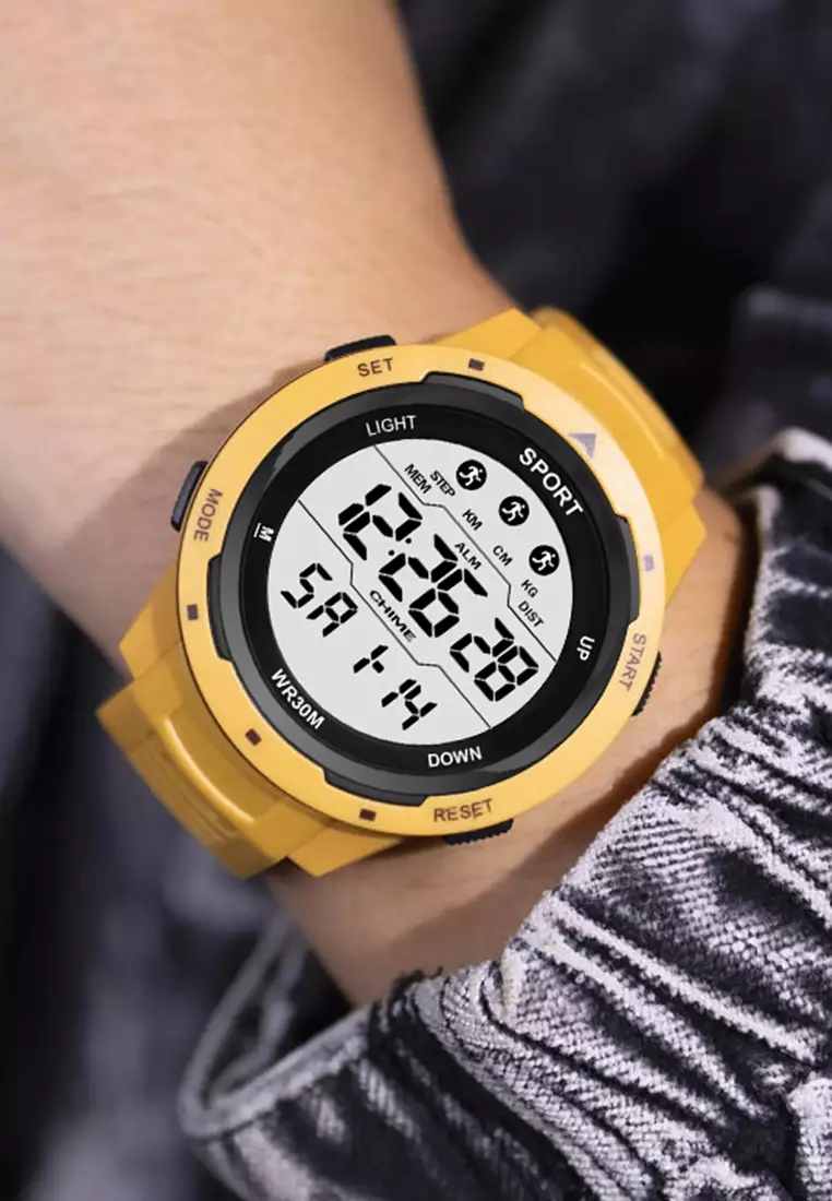 Jam Tangan Pria Digital Olahraga Mode Tali Silikon Alarm Jam Tangan Cowok yellow