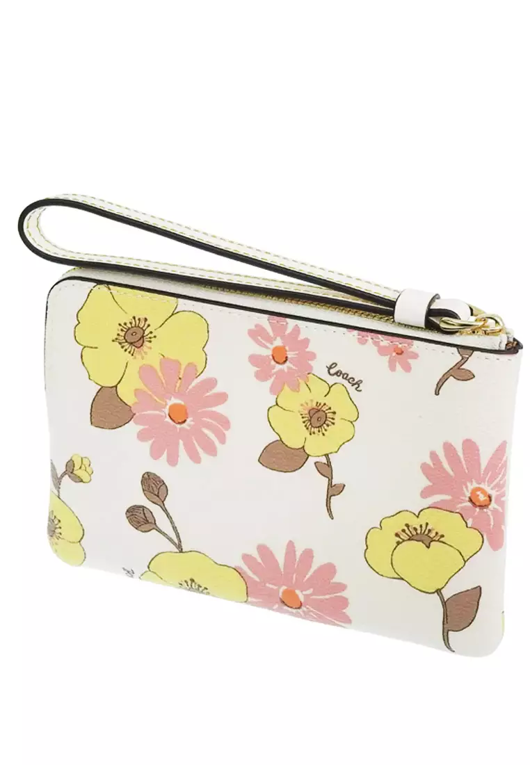 Corner Zip Wristlet With Floral Cluster Print - White/Multi