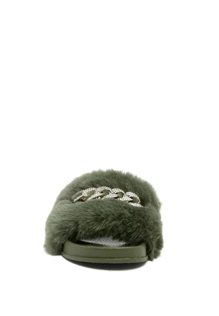 London Rag Metal Chain Detail Fur Slides in Olive 2024 Buy