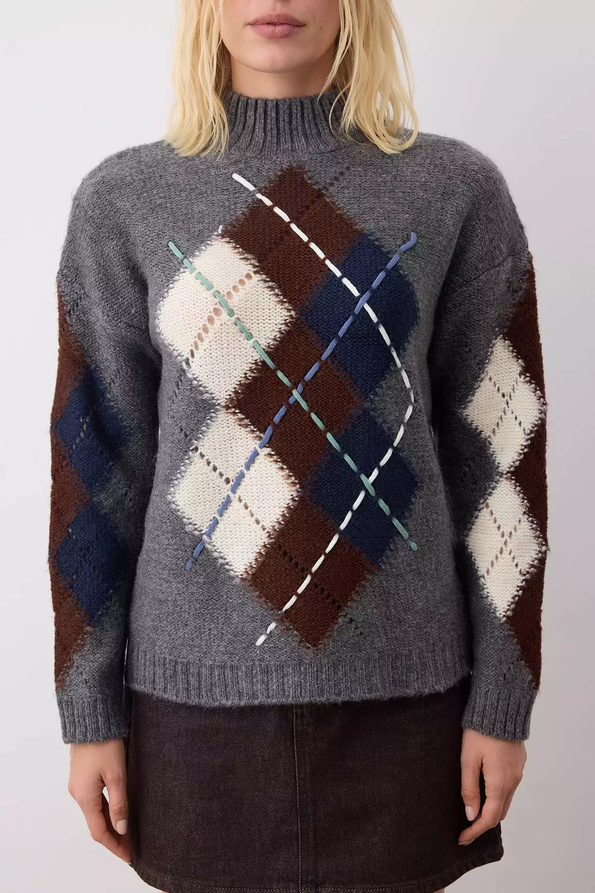 Dark Gray Diamond Patterned Soft Textured Knitwear Sweater