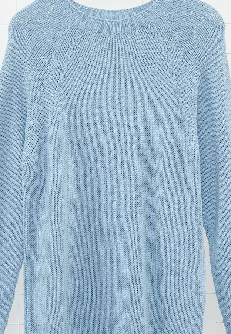 Blue Slim Fit Slim Cut Crew Neck Raglan Sleeve Basic Knitwear Sweater TMNAW25KZ00000