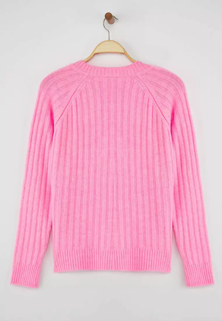 Wardrobe Essentials Pink Soft Textured Ribbed Knit Sweater