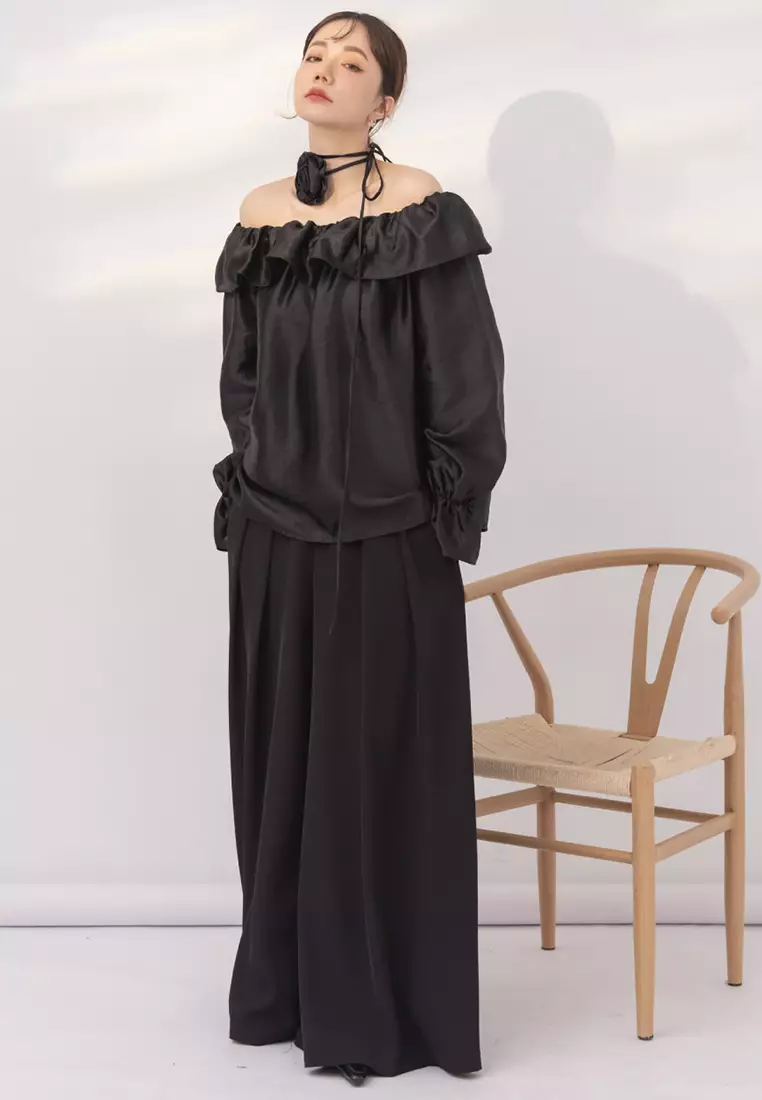 Off-Shoulder Ruffled Shimmer Top With Bateau Neckline and Rose Tie