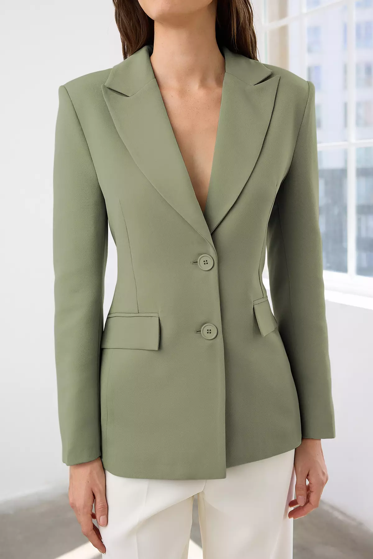 Light Khaki Fitted/Waist-Fitted Woven Blazer Jacket Twoaw26Bc
