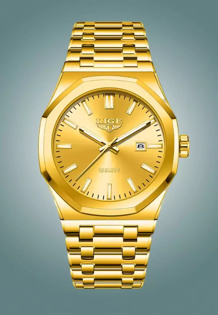 Unisex Gold Color Stainless Steel Quartz Watch, with Date, Gold Color Steel Bracelet