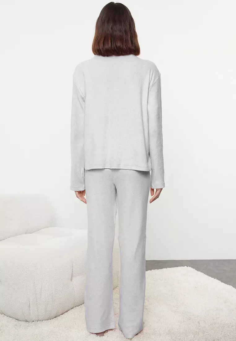 Brushed Soft Ribbed Cardigan Knitted Pajama Set