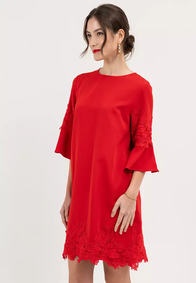 Caran Flounce Sleeves Dress with Lace