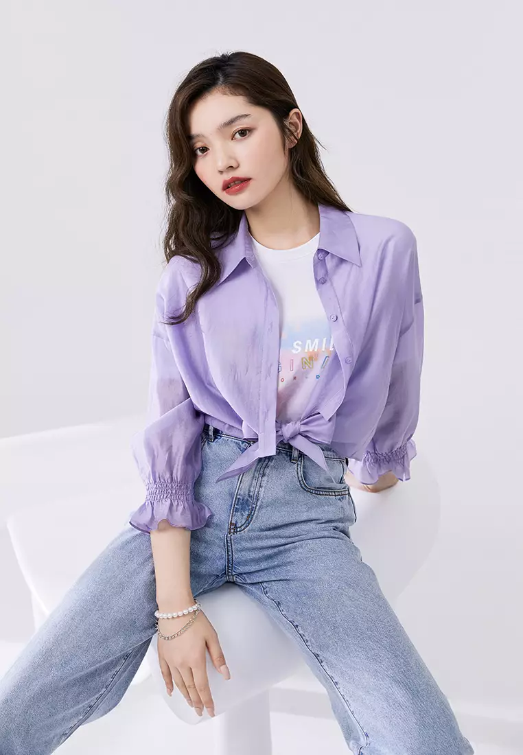 Semi Sheer Cropped Blouse With Waist Tie