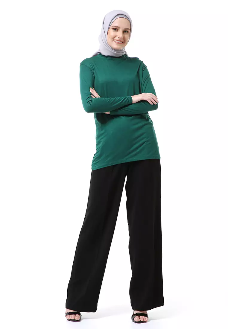 Zlora Manset Atasan Wanita Motif Polos Long Sleeve Reguler Fit - Hijau Botol