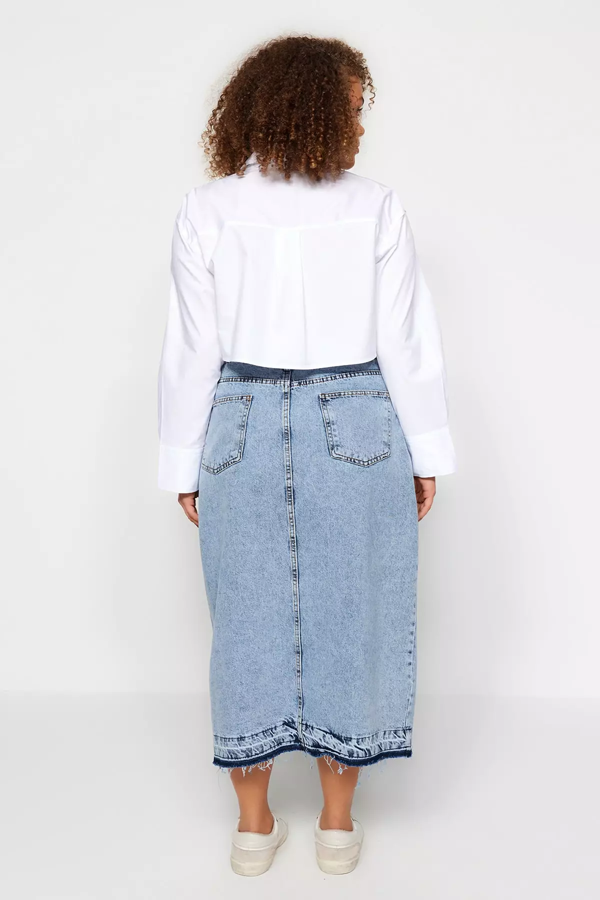 Plus Size High Waist Denim Midi Skirt
