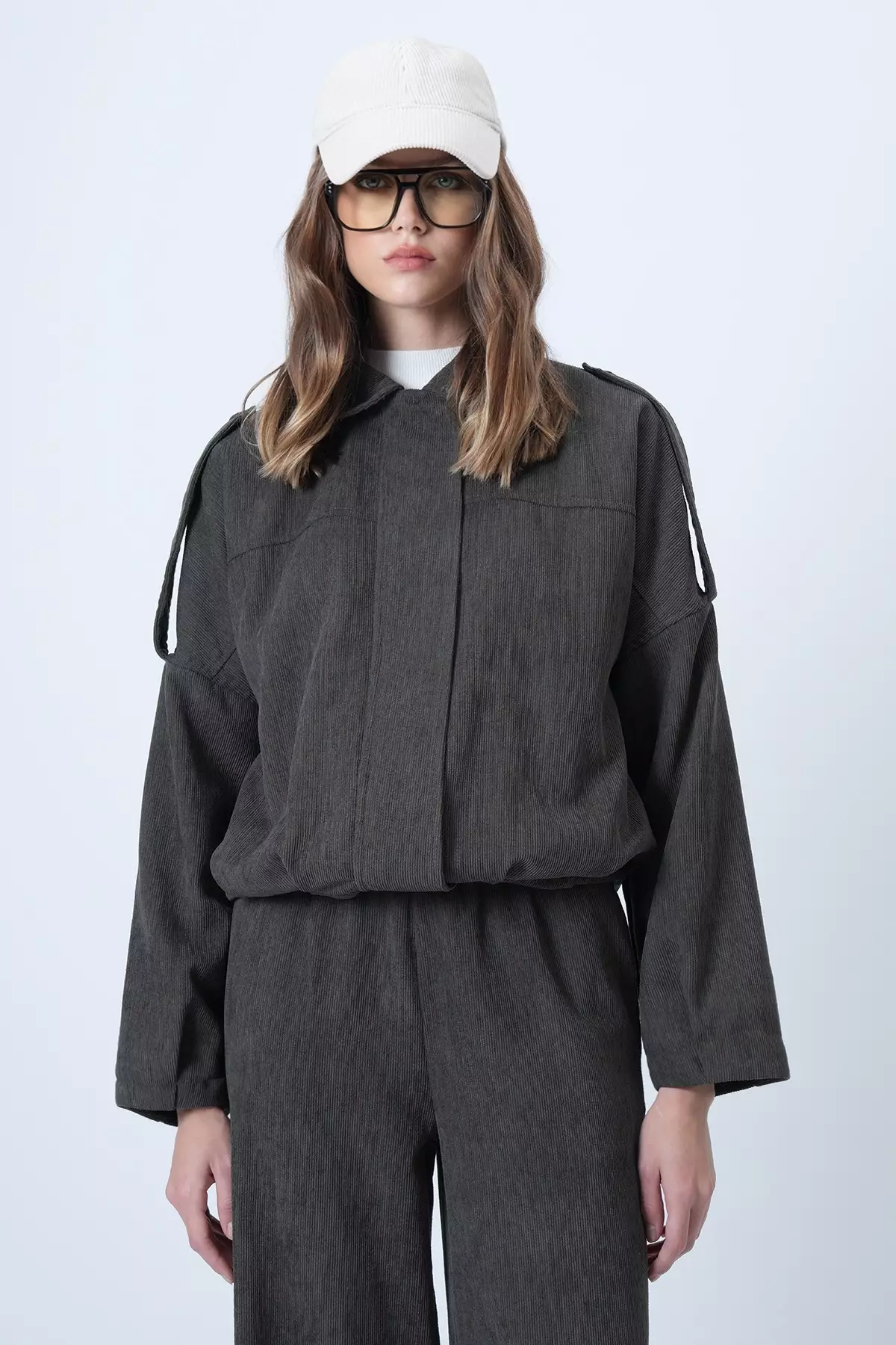Khaki Shoulder Epaulettes Lined Velvet Bomber Jacket Alc-X14617