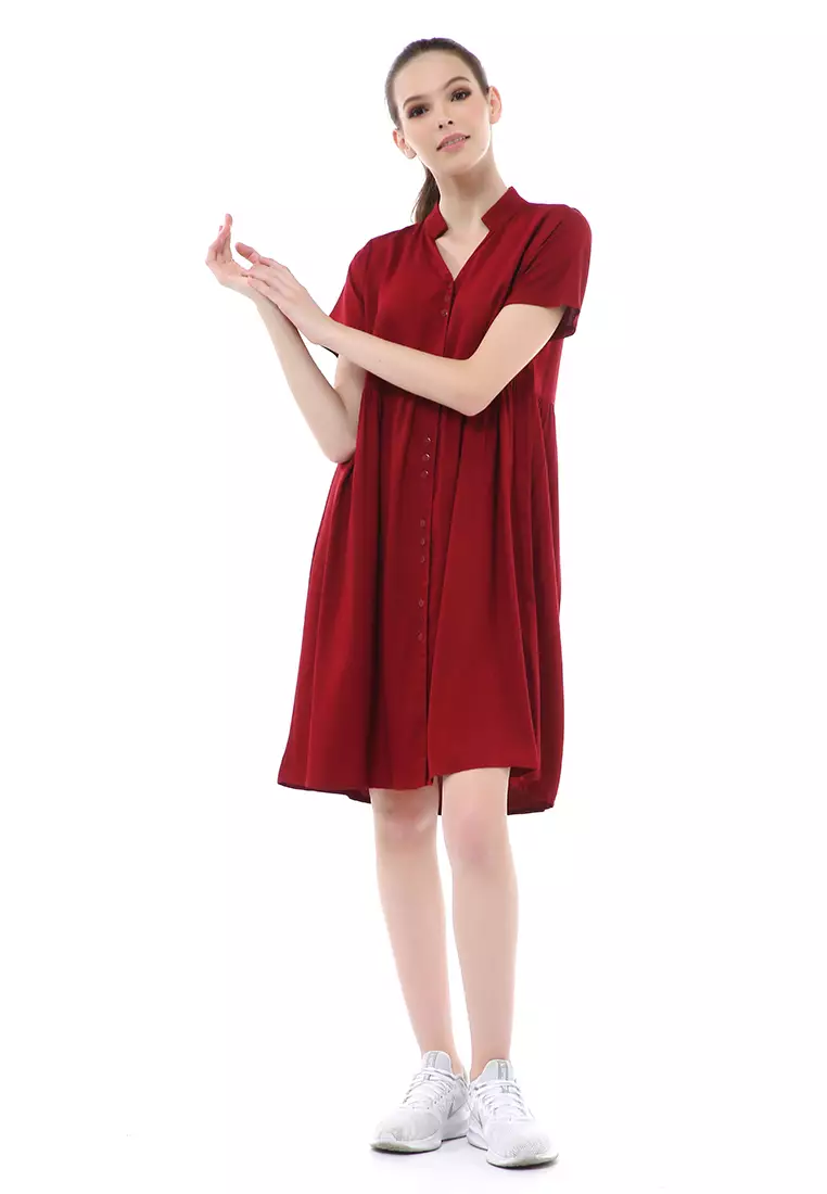 Rachel Dress Wanita Lengan Pendek Full Kancing Stylish Material Cotton ORIGINAL - Maroon