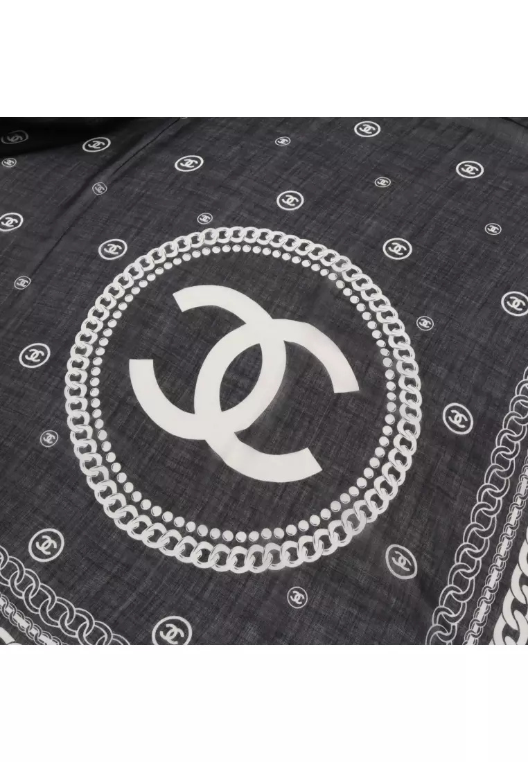 Pre-Loved Chanel coco mark shawl cashmere silk black white