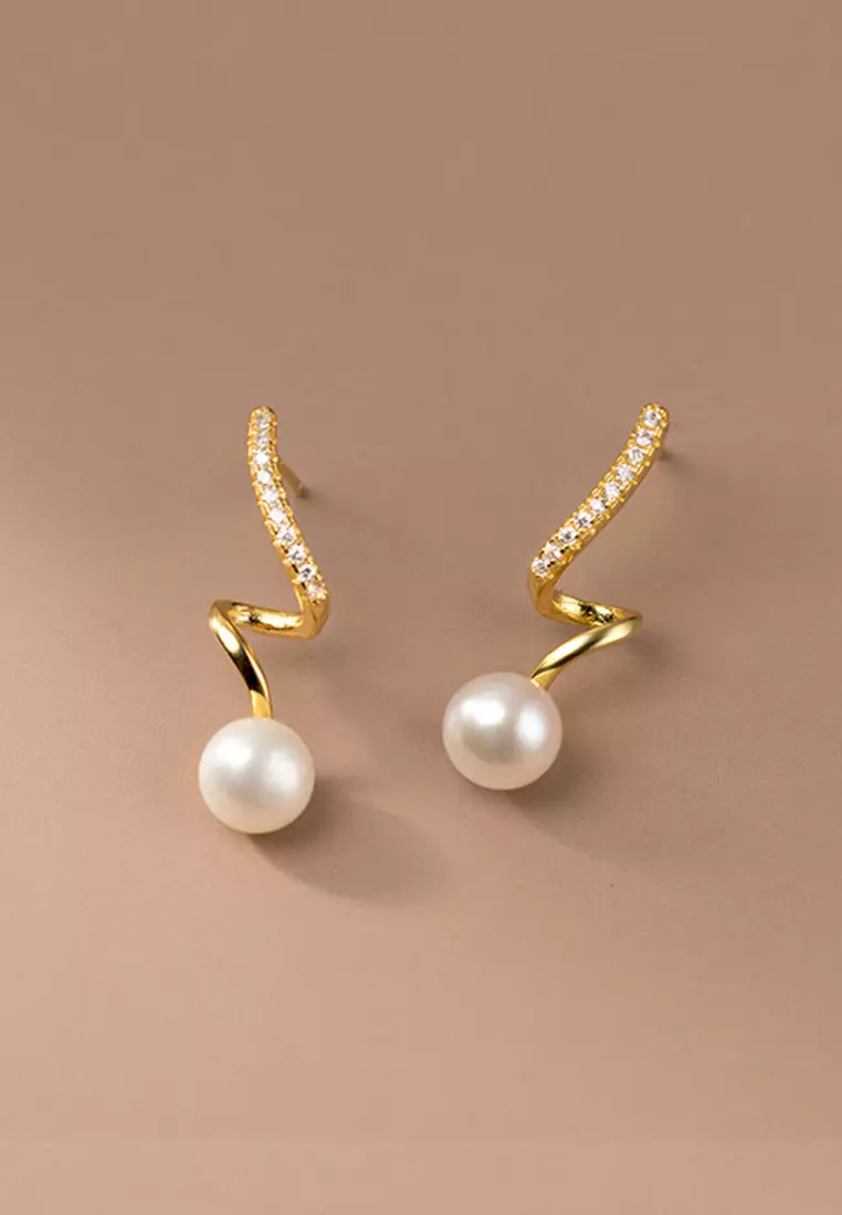 925 Silver Gold Plated Spiral Faux Pearl Earrings JW AR-M01676