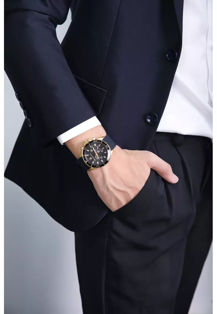 【2 Years Warranty】 Maserati Sfida 44mm Black Silicon Men's Quartz Chronograph Watch R8871640001 With Luminous Dial Hands