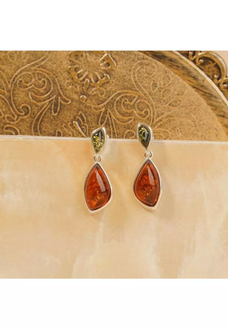 Multifaceted Baltic Amber Tear Drop Silver Drop Earrings with 925 Sterling Silver