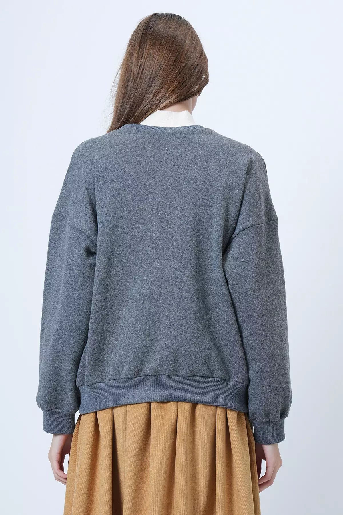 Women'S Anthracite Front Printed Oversize Cotton Sweatshirt Alc-X14651