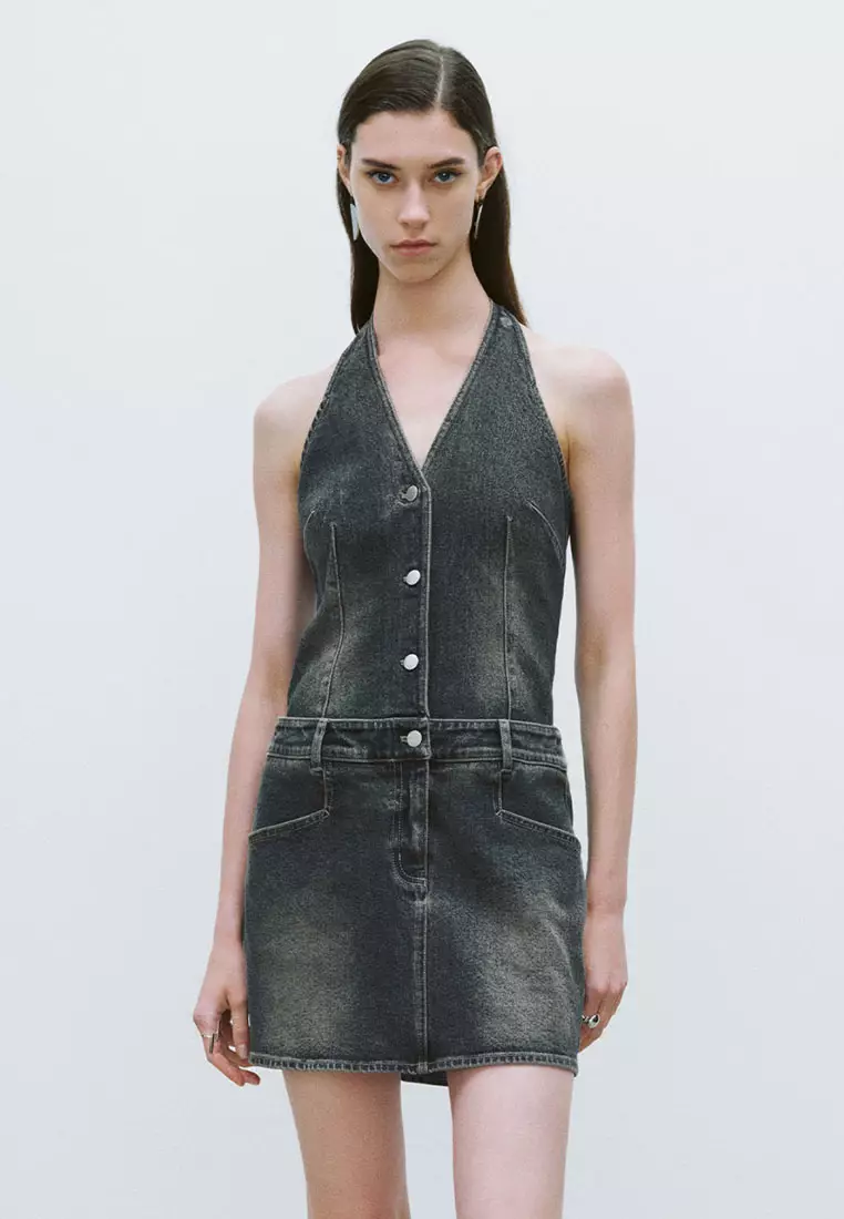 Sleeveless Halter Neck Denim Dress