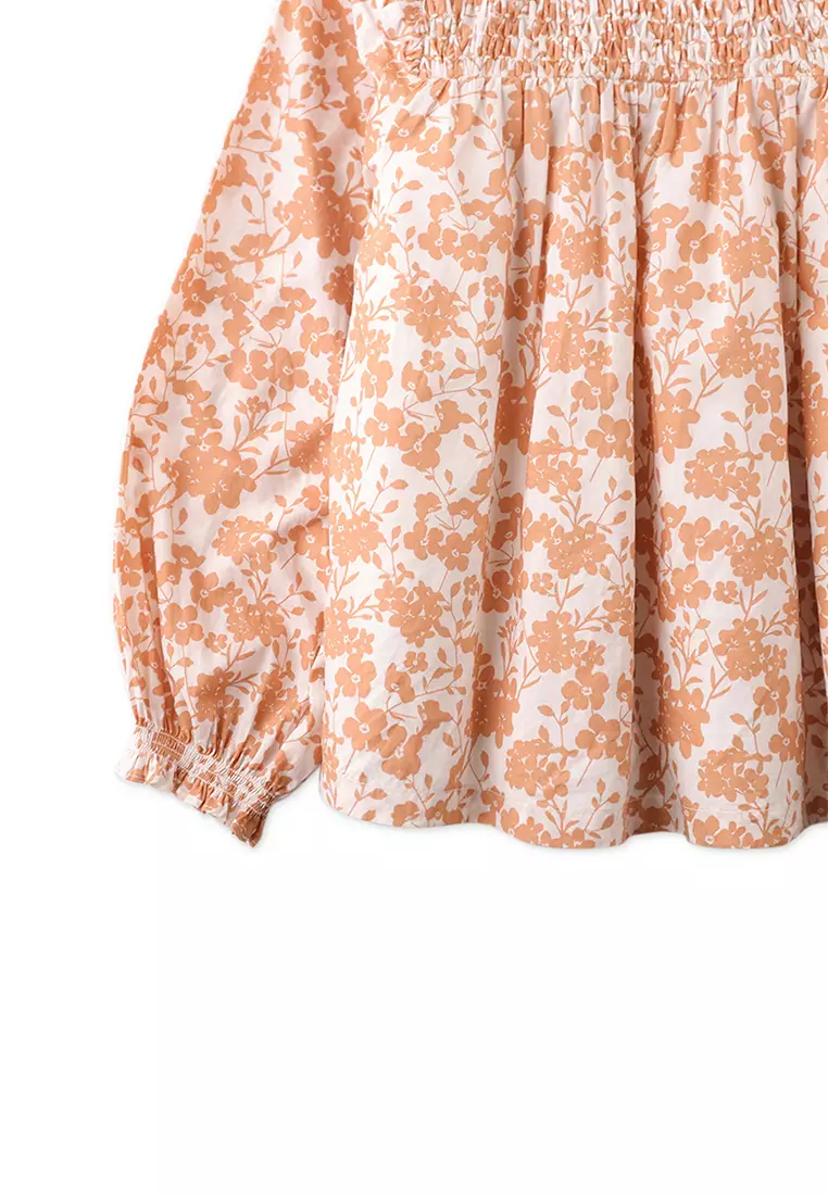 Girls Printed Long Sleeves Top With Diamond Smocked Yoke