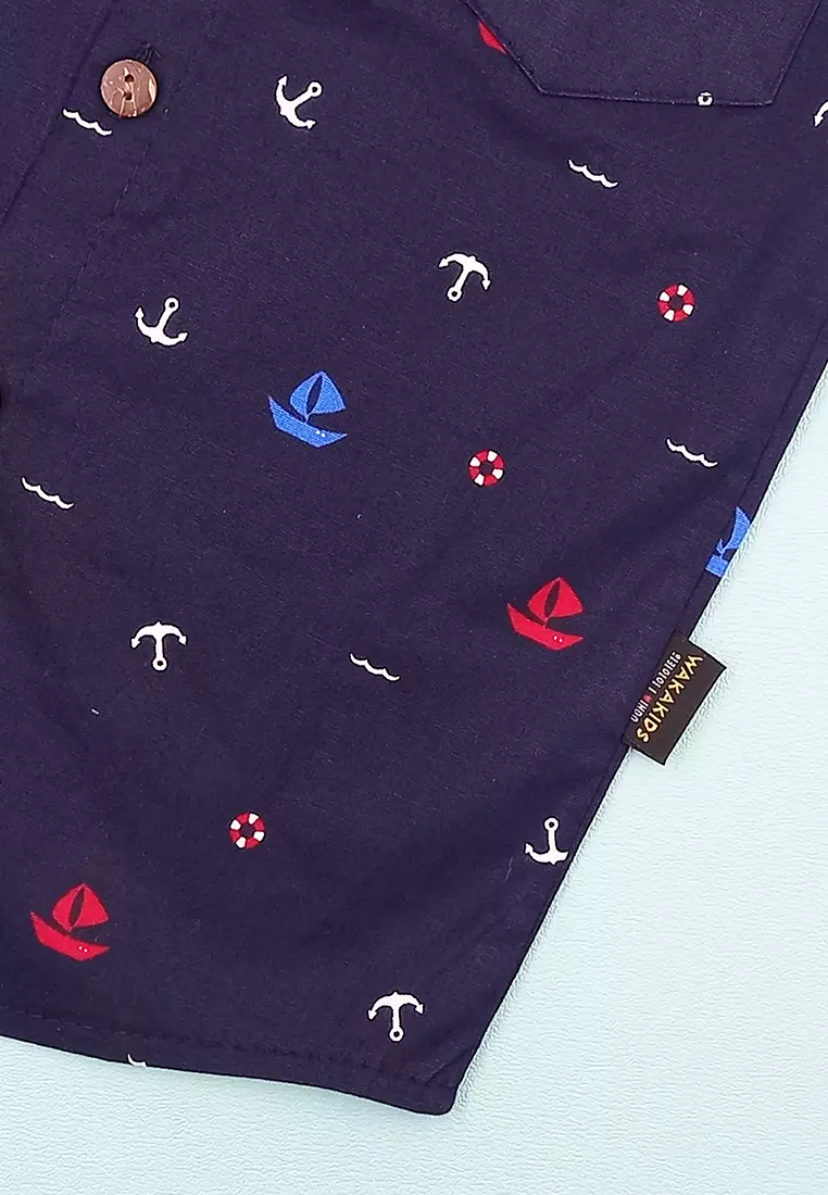 Kemeja Anak Laki Laki Usia 1 Tahun Hingga 6 Tahun Atasan Baju Kerah Shanghai Mandarin Collar Shirt Motif Jangkar Anchor Pattern 4322 Vensk