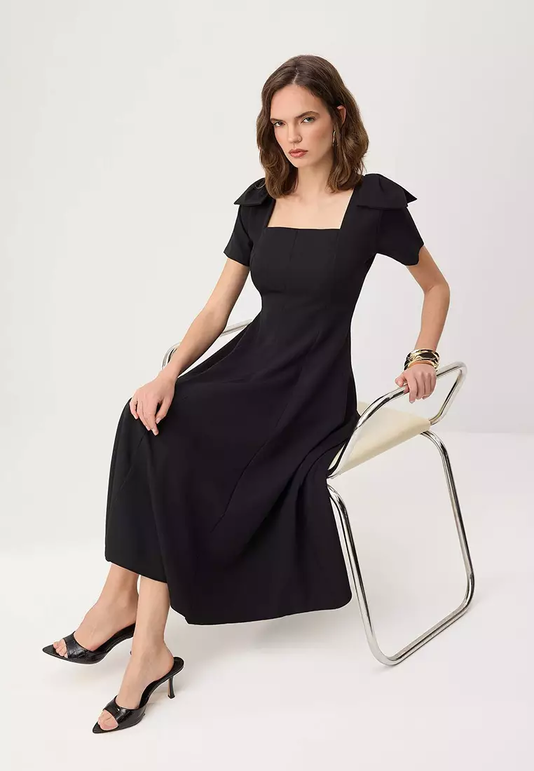 Black Plain Midi Woven Dress Twoss26El891
