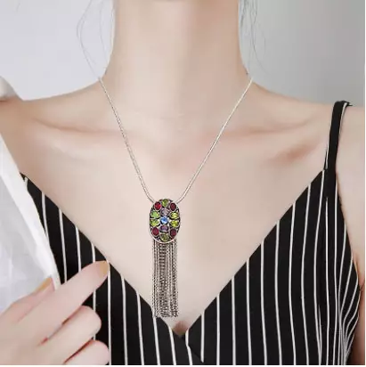 Oxidized Silver Gems Necklace Perak Bakar Kalung Wanita Batu Silver