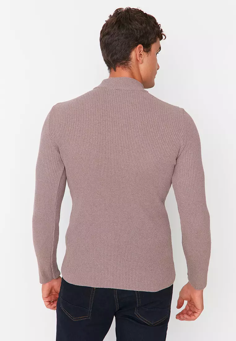 Slim Fit Buttoned Polo Neck Corduroy Knitted Sweater