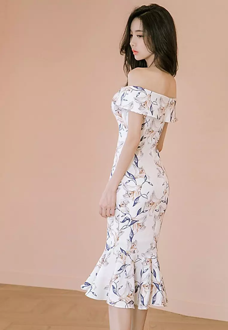 New Floral Pattern Fishtail Off-shoulder One Piece Dress A060430
