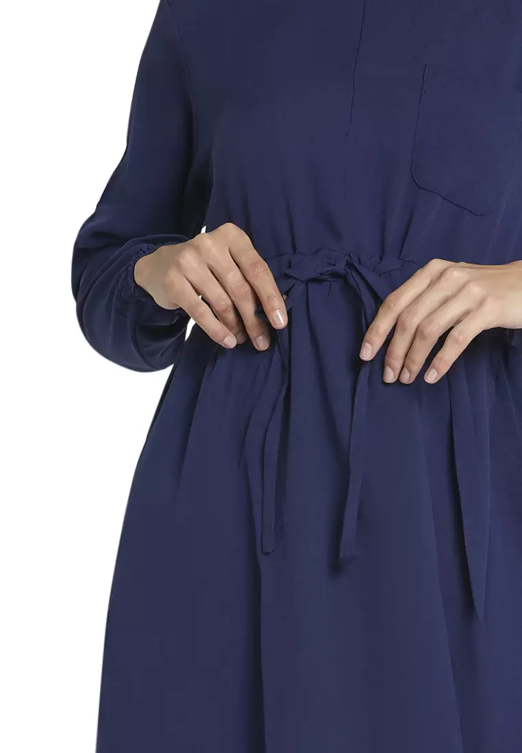 Leyna Mini Dress Wanita Long Sleeves Motif Solid Design Casual Regular Fit - Navy