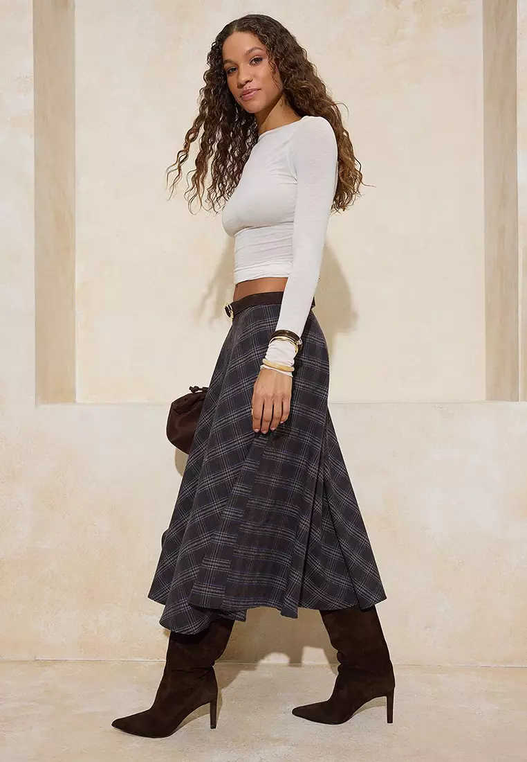 Brown Plaid/Checkered Flannel Woven Flared Midi Skirt Twoaw26Et172