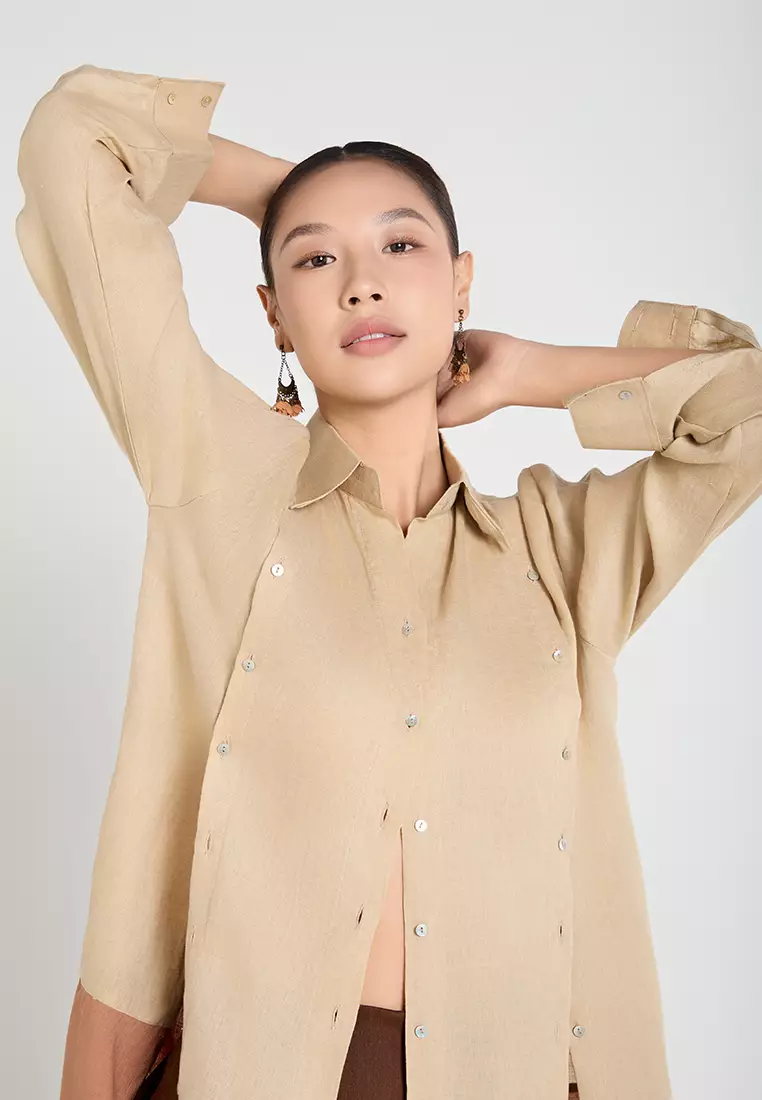 Oversized Linen Shirt with Bold Cut-Outs