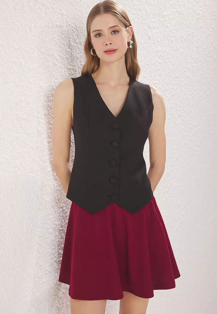 Burgundy Scuba Crepe Skater High Waist Stretchy Knitted Skirt Twoaw24Et00343