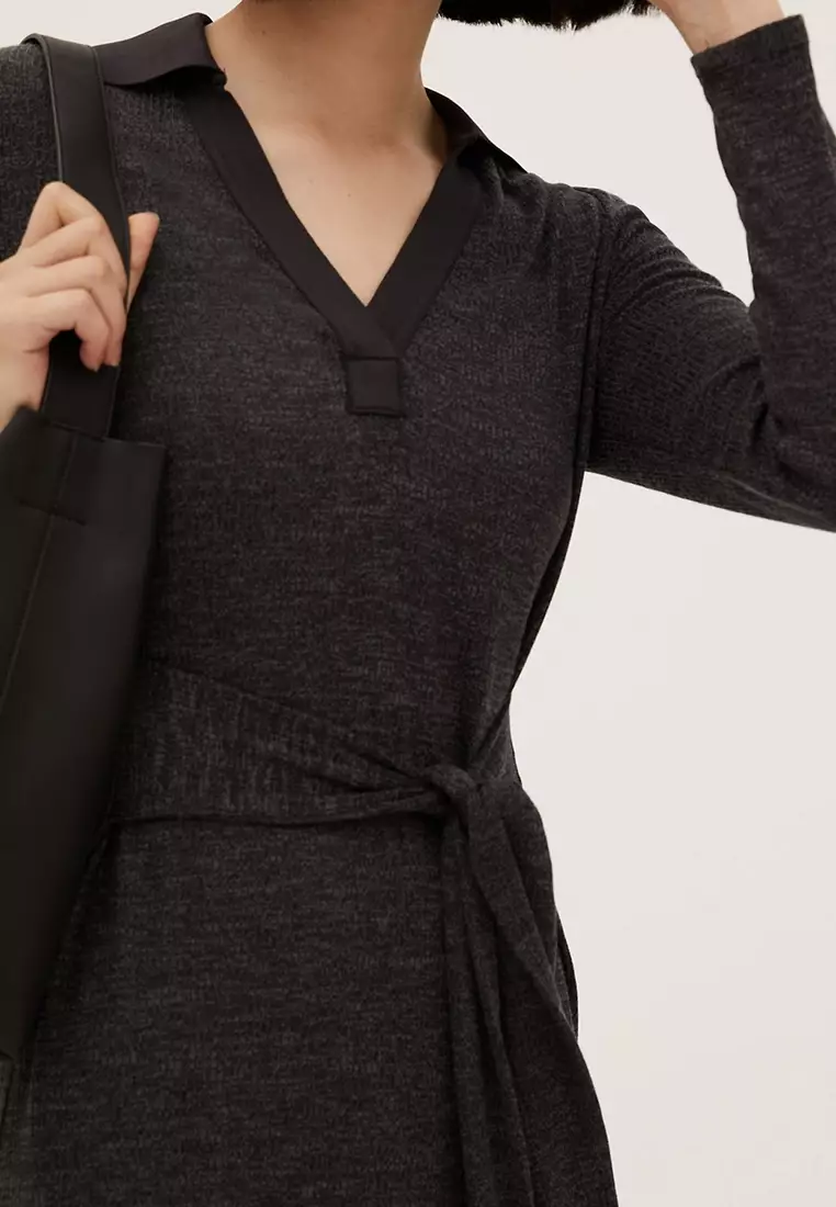 ribbed v neck tie front midi column dress