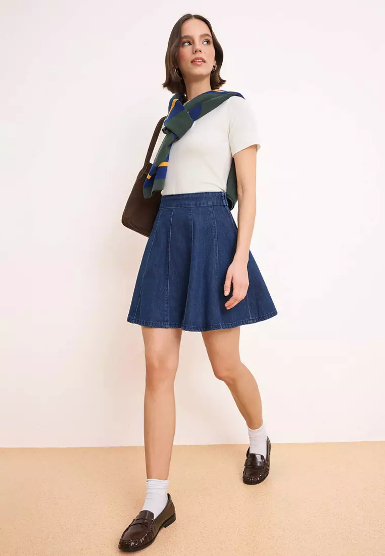 Dark Blue Flounced 1% Cotton Mini Denim Skirt Twoss26Et68